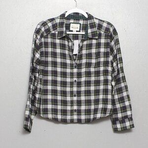 American Eagle NWT green white plaid viscose cotton boxy cropped flannel button